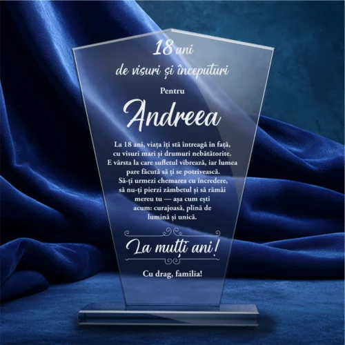 Trofeu din Sticlă Elegant – Personalizat prin Gravură Laser, Aniversarea vârstei de 18 ani, Majoratul [ #0636 ]