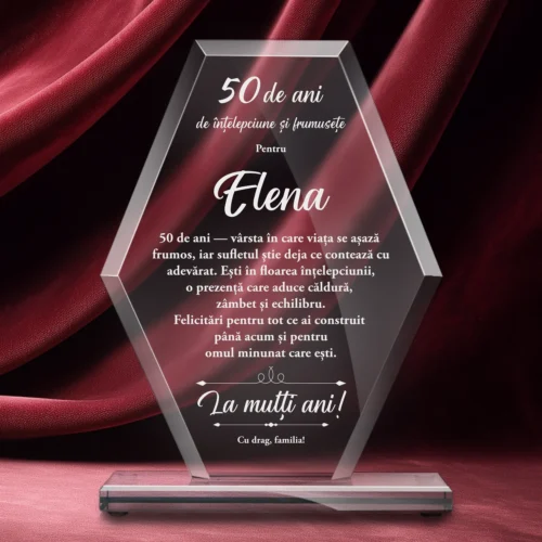 Trofeu din Sticlă Elegant – Personalizat prin Gravură Laser, Aniversarea vârstei de 50 de ani [ #0640 ]