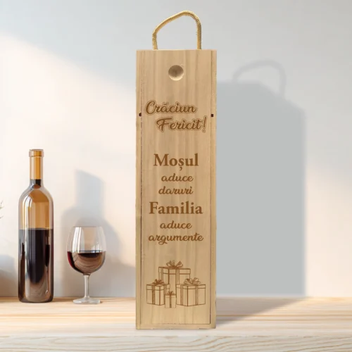 Cutie din lemn gravată pentru sticla de vin, cu capac culisant, Cadou de Crăciun [ #0624 ]