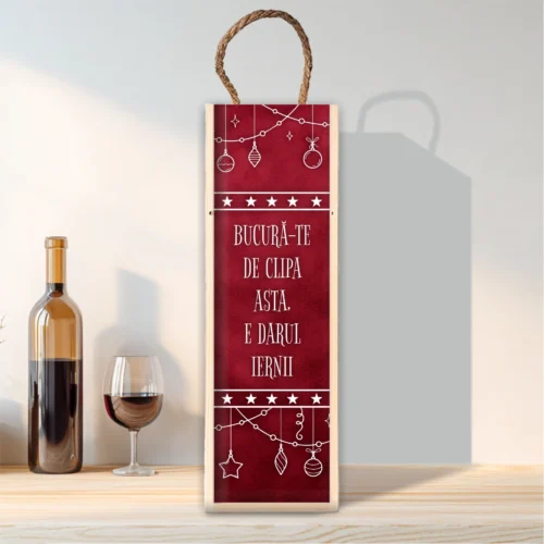 Cutie din lemn sublimată pentru sticla de vin, cu capac culisant, Cadou de Crăciun [ #0596 ]