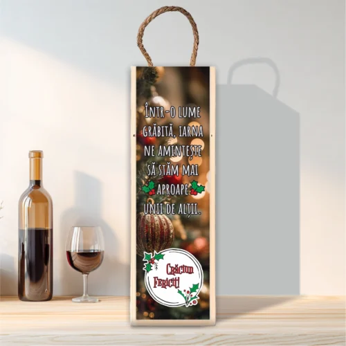 Cutie din lemn sublimată pentru sticla de vin, cu capac culisant, Cadou de Crăciun [ #0600 ]
