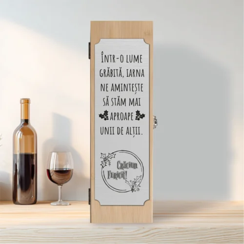 Cutie din lemn cu placă gravată pentru sticla de vin, cu ustensile, Cadou de Crăciun [ #0601 ]