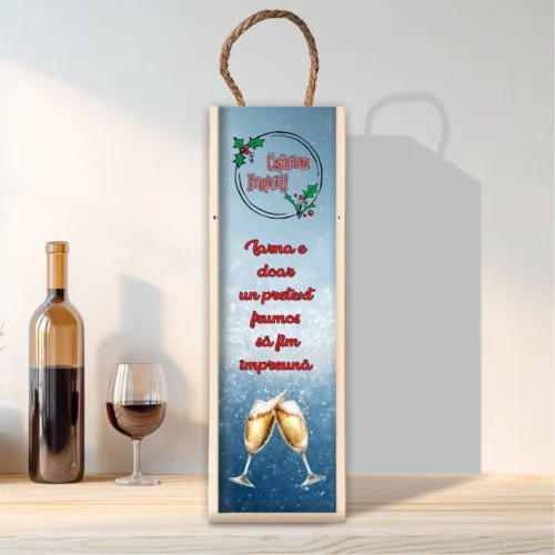 Cutie din lemn sublimată pentru sticla de vin, cu capac culisant, Cadou de Crăciun [ #0604 ]