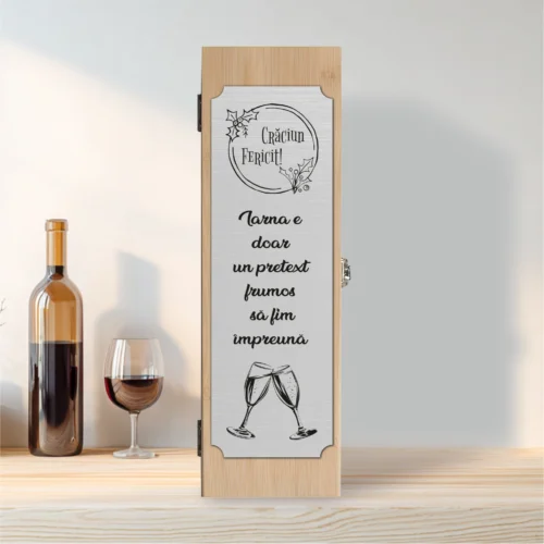 Cutie din lemn cu placă gravată pentru sticla de vin, cu ustensile, Cadou de Crăciun [ #0605 ]