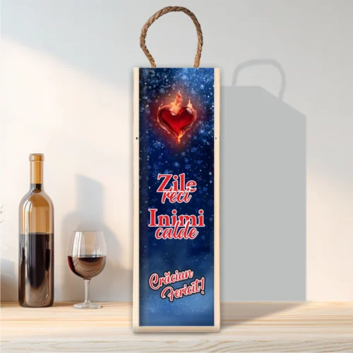 Cutie din lemn sublimată pentru sticla de vin, cu capac culisant, Cadou de Crăciun [ #0617 ]