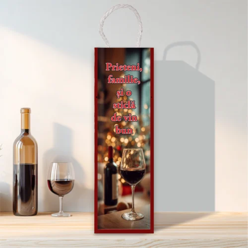 Cutie din lemn sublimată pentru sticla de vin, cu capac culisant, Cadou de Crăciun [ #0621 ]
