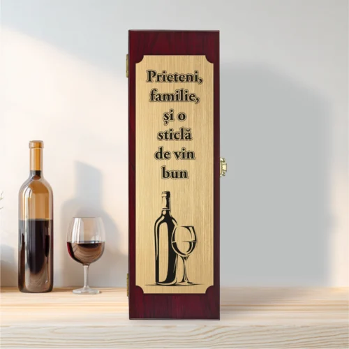 Cutie din lemn cu placă gravată pentru sticla de vin, cu ustensile, Cadou de Crăciun [ #0622 ]