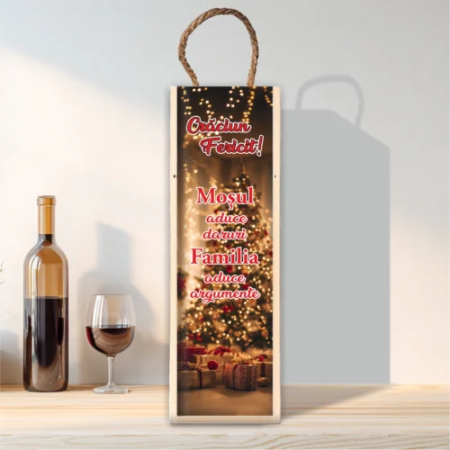 Cutie din lemn sublimată pentru sticla de vin, cu capac culisant, Cadou de Crăciun [ #0625 ]