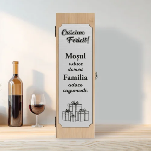 Cutie din lemn cu placă gravată pentru sticla de vin, cu ustensile, Cadou de Crăciun [ #0626 ]