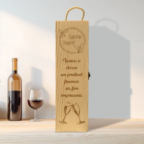 Cutie din lemn gravată pentru sticla de vin, cu închizătoare din metal, Cadou de Crăciun [ #0601 ]