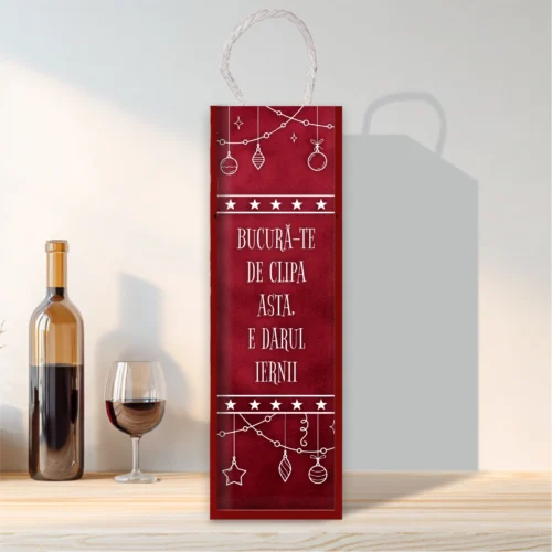 Cutie din lemn sublimată pentru sticla de vin, cu capac culisant, Cadou de Crăciun [ #0596 ]
