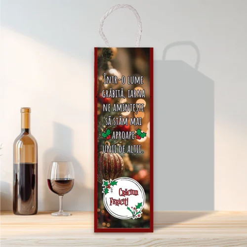 Cutie din lemn sublimată pentru sticla de vin, cu capac culisant, Cadou de Crăciun [ #0600 ]