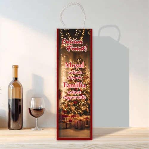 Cutie din lemn sublimată pentru sticla de vin, cu capac culisant, Cadou de Crăciun [ #0625 ]