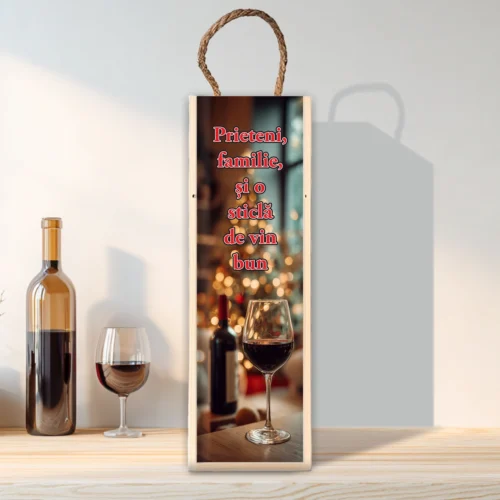 Cutie din lemn sublimată pentru sticla de vin, cu capac culisant, Cadou de Crăciun [ #0621 ]