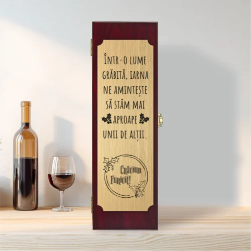 Cutie din lemn cu placă gravată pentru sticla de vin, cu ustensile, Cadou de Crăciun [ #0601 ]