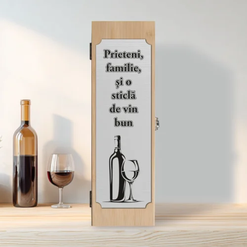Cutie din lemn cu placă gravată pentru sticla de vin, cu ustensile, Cadou de Crăciun [ #0622 ]