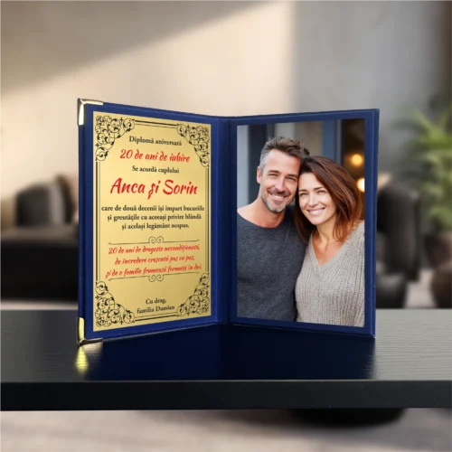 Diplomă din catifea tip carte personalizabilă prin imprimare, Aniversarea căsătoriei de 20 de ani [ #0663 ]