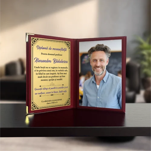 Diplomă din catifea tip carte personalizabilă prin imprimare, Cadou pentru Profesor [ #0790 ]