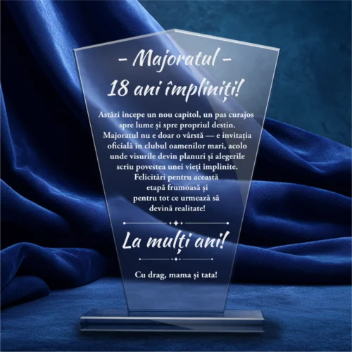 Trofeu din Sticlă Elegant – Personalizat prin Gravură Laser, Aniversarea vârstei de 18 ani, Majoratul [ #0770 ]