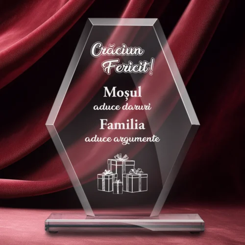 Trofeu din Sticlă Elegant – Personalizat prin Gravură Laser, Cadou de Crăciun [ #0703 ]