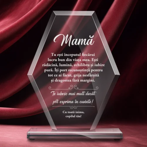 Trofeu din Sticlă Elegant – Personalizat prin Gravură Laser, Cadou pentru Mama [ #0710 ]