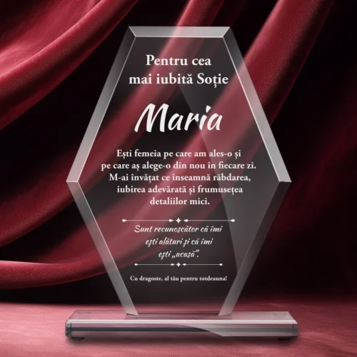 Trofeu din Sticlă Elegant – Personalizat prin Gravură Laser, Cadou pentru Soție [ #0726 ]