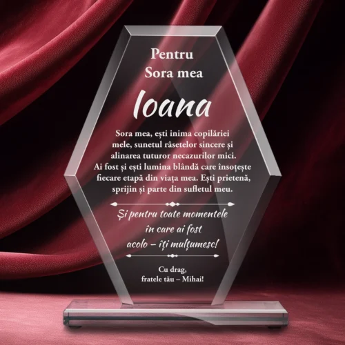 Trofeu din Sticlă Elegant – Personalizat prin Gravură Laser, Cadou pentru Soră [ #0734 ]