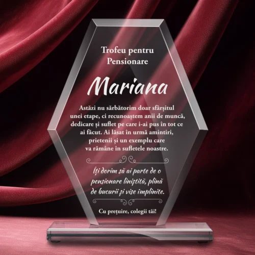 Trofeu din Sticlă Elegant – Personalizat prin Gravură Laser, Cadou pentru Pensionare [ #0780 ]