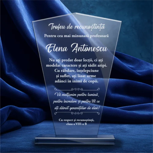 Trofeu din Sticlă Elegant – Personalizat prin Gravură Laser, Cadou pentru Profesor [ #0778 ]