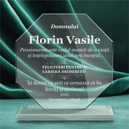 Trofeu din Sticlă Elegant – Personalizat prin Gravură Laser, Cadou pentru Pensionare [ #0784 ]