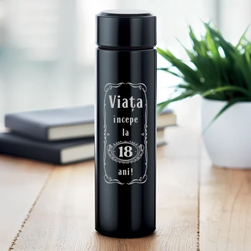 Termos Metalic Negru personalizabil prin imprimare, Aniversarea vârstei de 18 ani, Majoratul [ #0860 ]