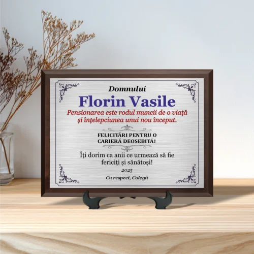 Diplomă personalizabilă imprimată, cu plachetă din lemn, Cadou pentru Pensionare [ #155 ]