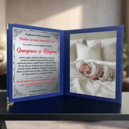 Diplomă din catifea tip carte personalizabilă prin imprimare, Mulțumire Nașilor de Botez [ #1030 ]