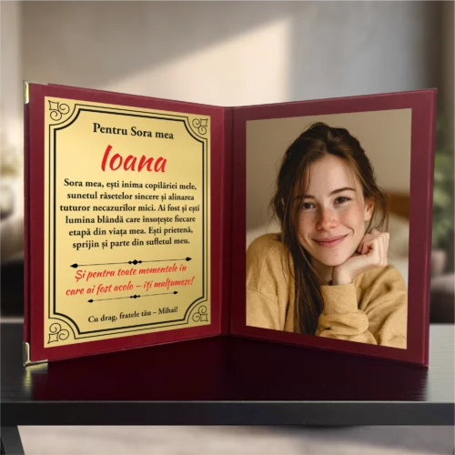 Diplomă din catifea tip carte personalizabilă prin imprimare, Cadou pentru Soră [ #1014 ]