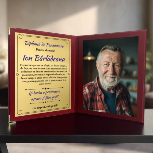 Diplomă din catifea tip carte personalizabilă prin imprimare, Cadou pentru Pensionare [ #1018 ]