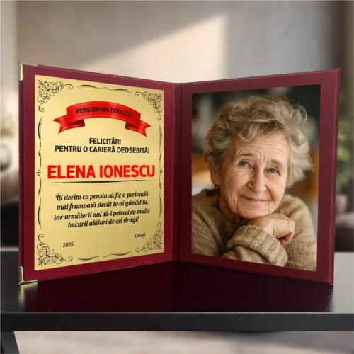Diplomă din catifea tip carte personalizabilă prin imprimare, Cadou pentru Pensionare [ #1022 ]