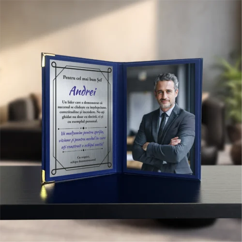 Diplomă din catifea tip carte personalizabilă prin imprimare, Cadou pentru Șef [ #1026 ]
