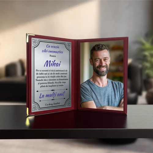 Diplomă din catifea tip carte personalizabilă prin imprimare, Aniversarea zilei onomastice, Sf. Mihai [ #1050 ]