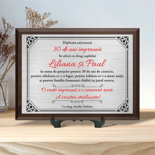 Diplomă personalizabilă imprimată, cu plachetă din lemn, Aniversarea a 30 de ani de căsătorie [ #0005 ]