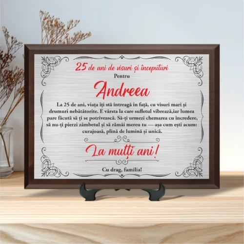 Diplomă personalizabilă imprimată, cu plachetă din lemn, Aniversarea a 25 de ani împliniți [ #0012 ]