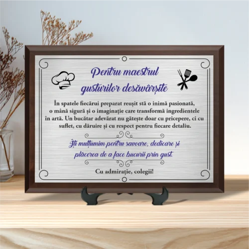 Diplomă personalizabilă imprimată, cu plachetă din lemn, Bucătar Chef [ #0018 ]