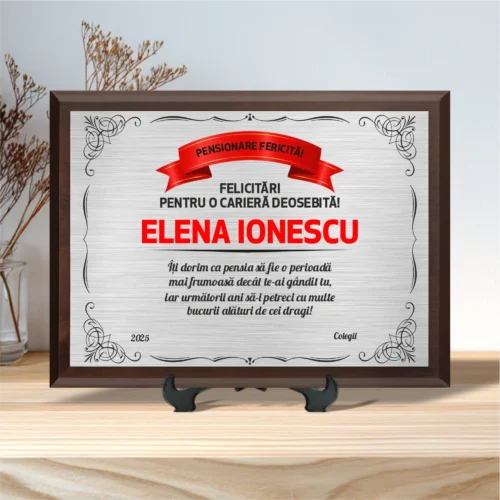 Diplomă personalizabilă imprimată, cu plachetă din lemn, Cadou pentru Pensionare [ #0164 ]