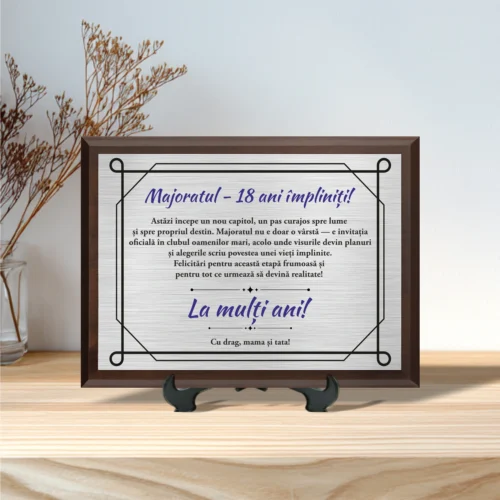 Diplomă personalizabilă imprimată, cu plachetă din lemn, Aniversarea a 18 ani împliniți, Majoratul [ #0010 ]