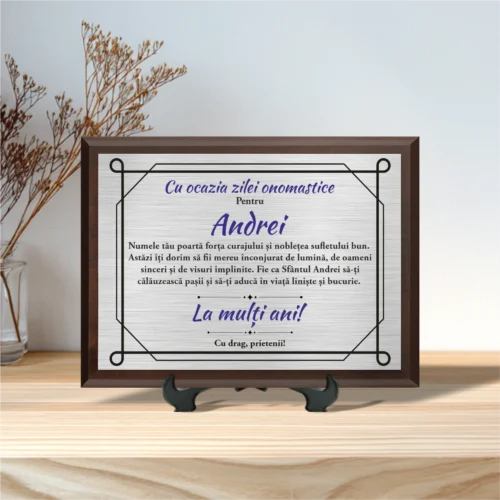 Diplomă personalizabilă imprimată, cu plachetă din lemn, Aniversarea zilei onomastice, Sf. Andrei [ #0022 ]