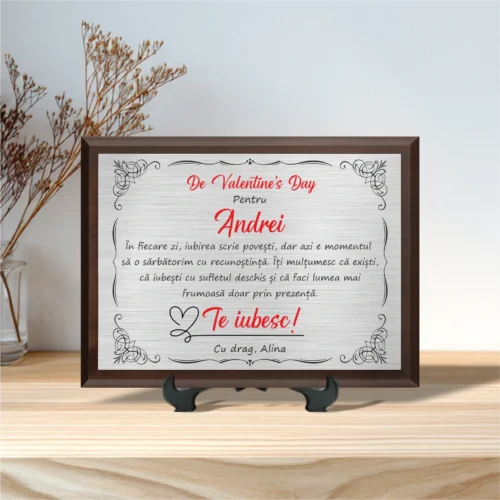 Diplomă personalizabilă imprimată, cu plachetă din lemn, Cadou pentru Valentine’s Day [ #0028 ]