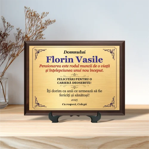 Diplomă personalizabilă imprimată, cu plachetă din lemn, Cadou pentru Pensionare [ #155 ]