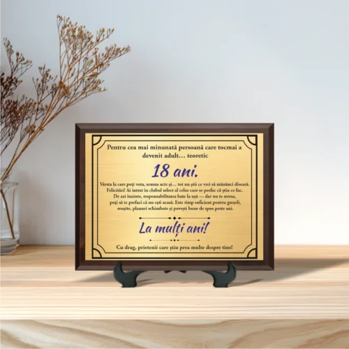 Diplomă personalizabilă imprimată, cu plachetă din lemn, Aniversarea a 18 ani împliniți, Majoratul [ #0011 ]