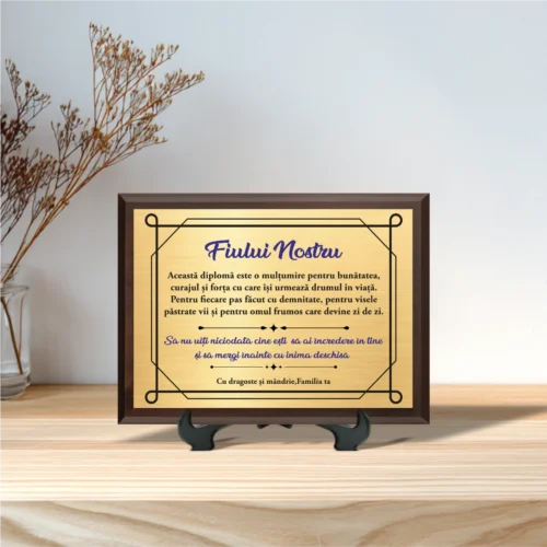 Diplomă personalizabilă imprimată, cu plachetă din lemn, Cadou pentru Fiu [ #1055 ]
