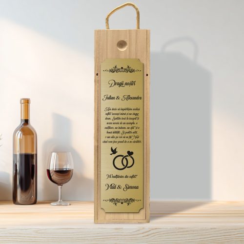 Cutie din lemn gravată pentru sticla de vin, cu capac culisant, Cererea Nașilor de Nuntă [ #0187 ]