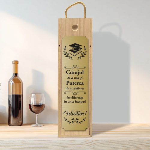 Cutie din lemn gravată pentru sticla de vin, cu capac culisant, Cadou pentru Absolvire [ #0199 ]